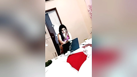 Busty indian babe with long hair playing with hair