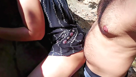 Indian brunette rides big cock outdoors in outdoor vid