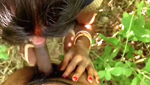 Brunette chick caught by husband in jungle outdoors